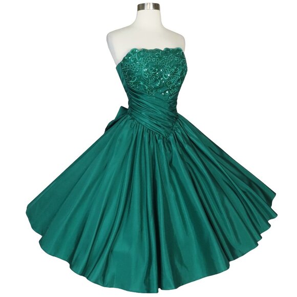 Vintage 80s 50s Green Strapless Sequin Taffeta Full Skirt Prom Party Dress XS